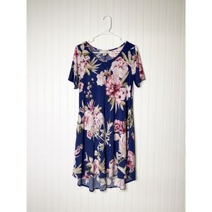 Carole Christian Floral Midi Swing Dress Women's Medium Blue Short Sleeve Pocket